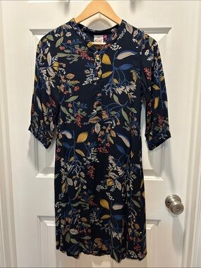 Neeru Kumar Floral Button-Front Navy Tunic Dress with Three-Quarter Sleeves